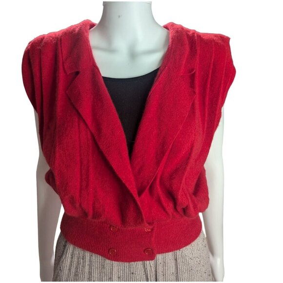 VTG 80's Red Lambswool & Rabbit Fur Sweater Vest w/ Double-Breasted Buttons Sz P - Picture 1 of 10
